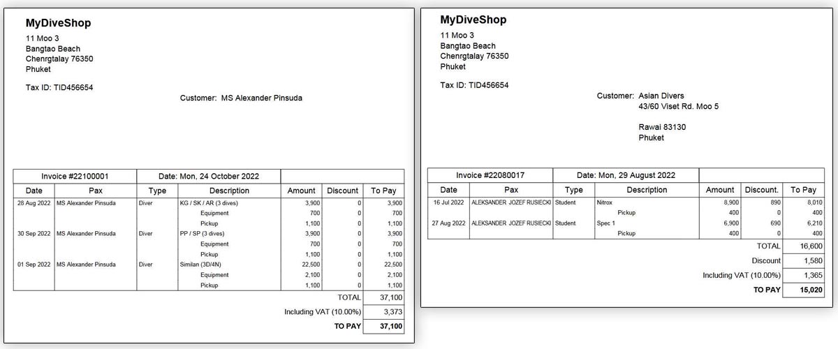 Complete dive trips and courses invoices